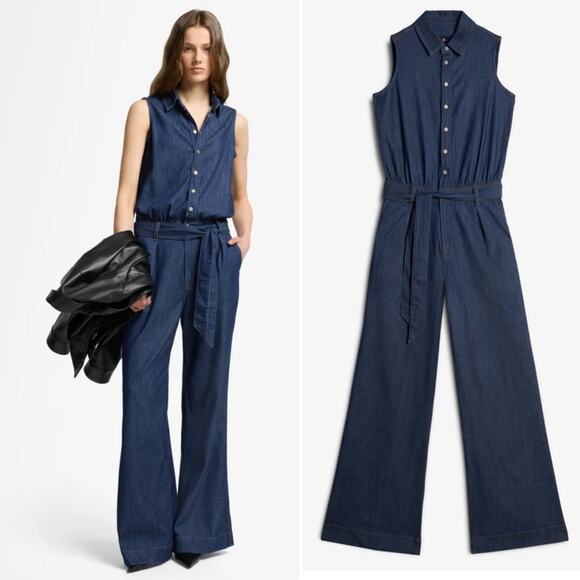 NWT 7 for All Mankind Weightless Point Collar Denim Pleated Wide Leg Jumpsuit - Picture 2 of 8